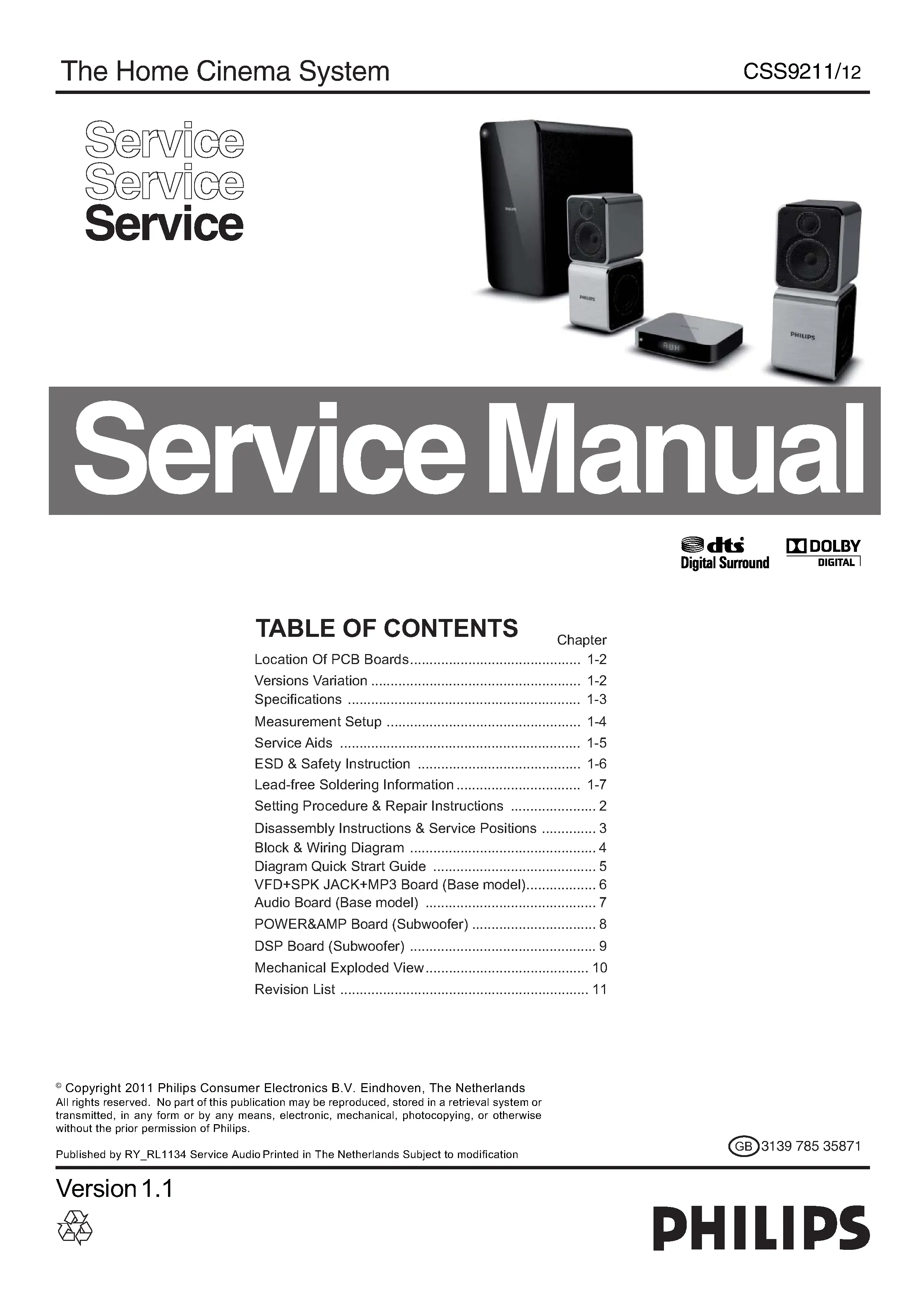 Philips css9211 service manual cover with picture of the device, model type and number, table of contents, manual version and publication year.
