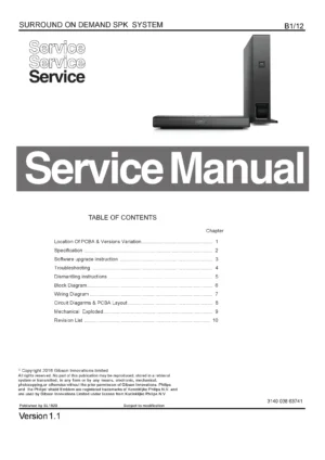 Philips fidelio b1 service manual cover with picture of the device, model type and number, table of contents, manual version and publication year.