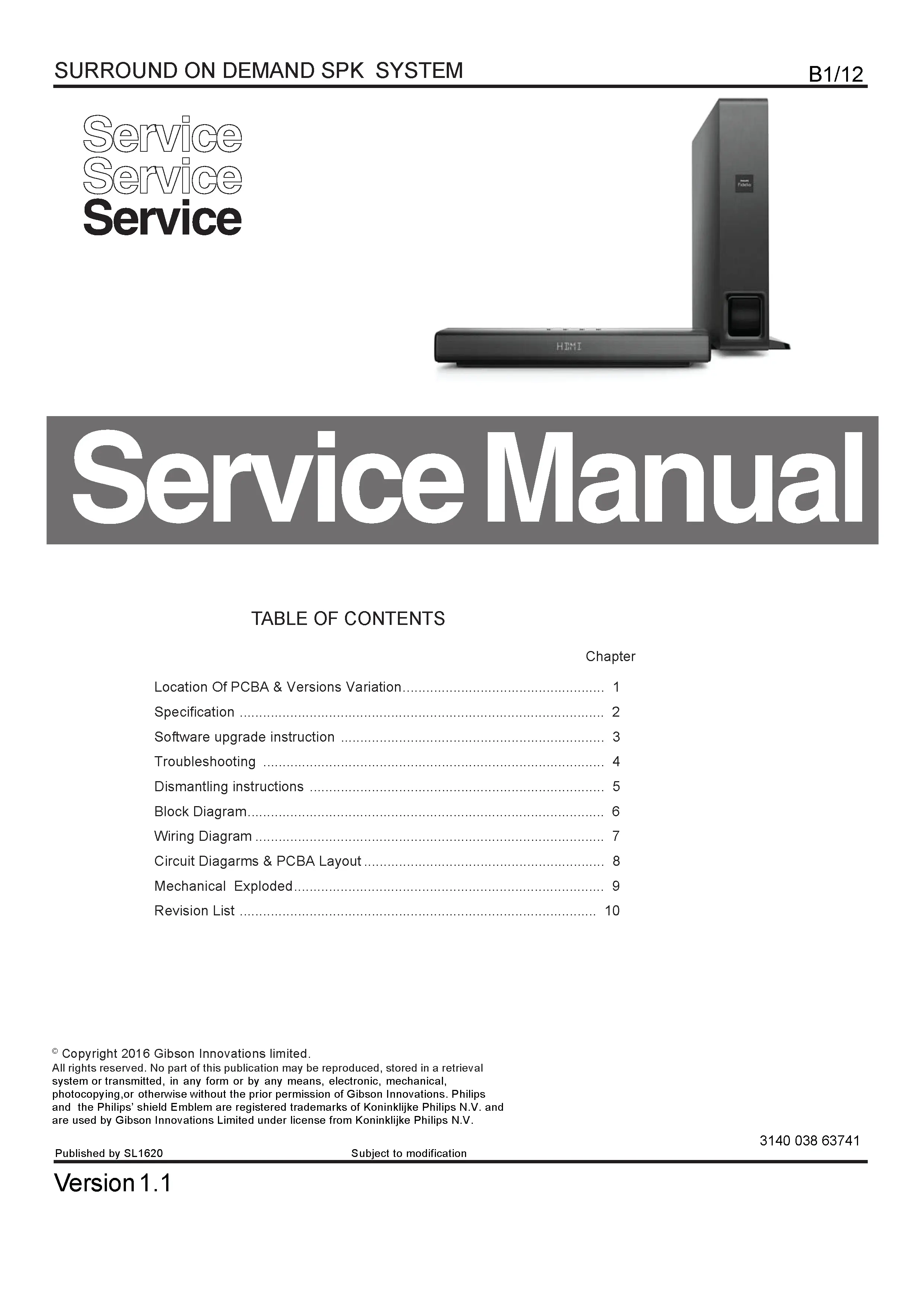 Philips fidelio b1 service manual cover with picture of the device, model type and number, table of contents, manual version and publication year.