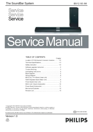 Philips fidelio b5 service manual cover with picture of the device, model type and number, table of contents, manual version and publication year.