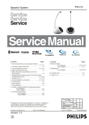 Philips fidelio designline ps1 service manual cover with picture of the device, model type and number, table of contents, manual version and publication year.