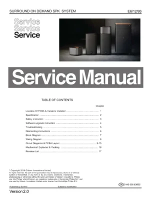 Philips fidelio e6 service manual cover with picture of the device, model type and number, table of contents, manual version and publication year.