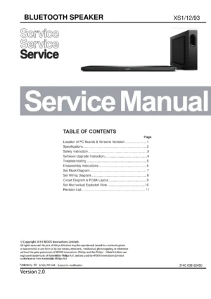Philips fidelio xs1 service manual cover with picture of the device, model type and number, table of contents, manual version and publication year.