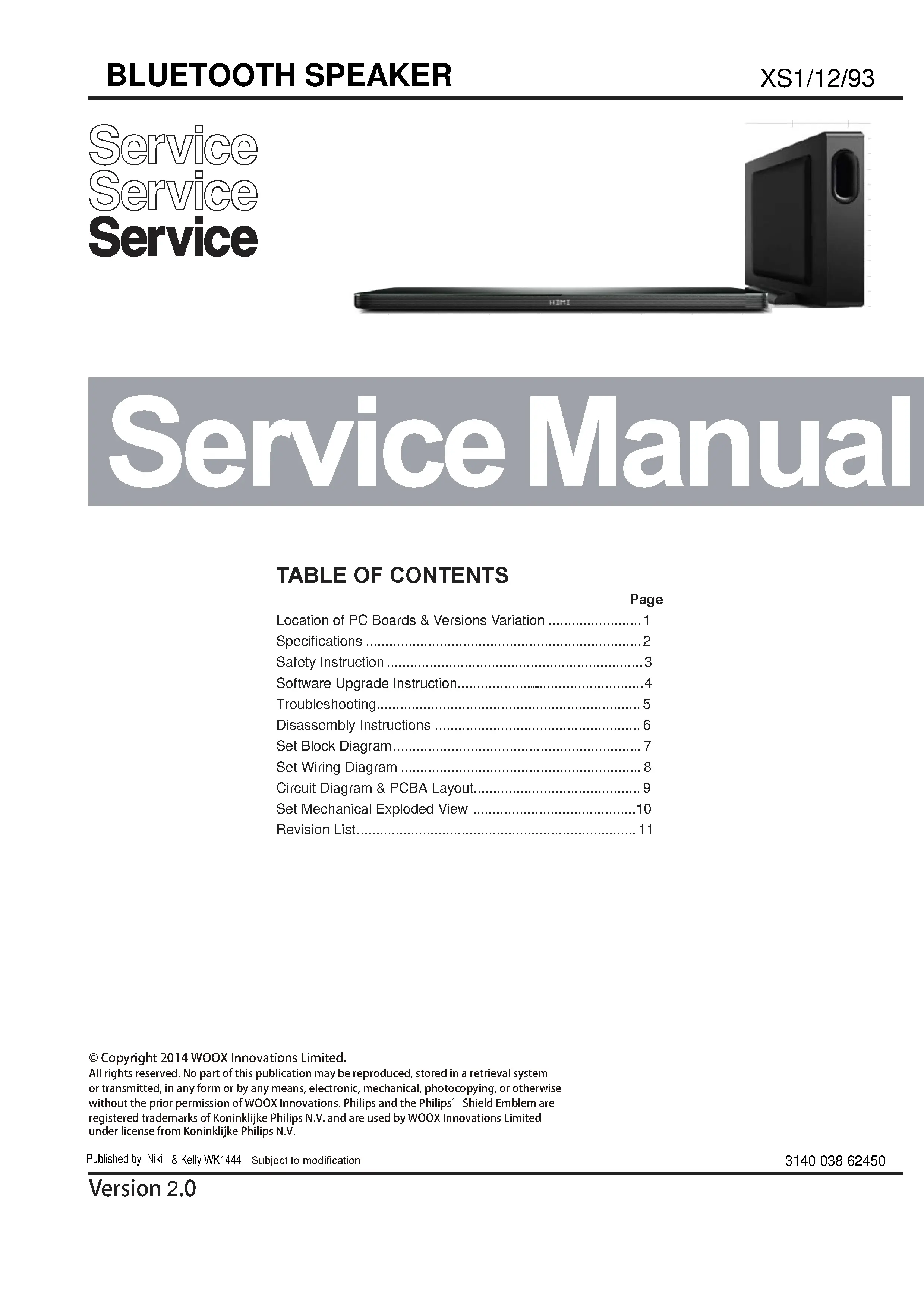 Philips fidelio xs1 service manual cover with picture of the device, model type and number, table of contents, manual version and publication year.