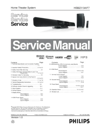 Philips hsb2313a service manual cover with picture of the device, model type and number, table of contents, manual version and publication year.