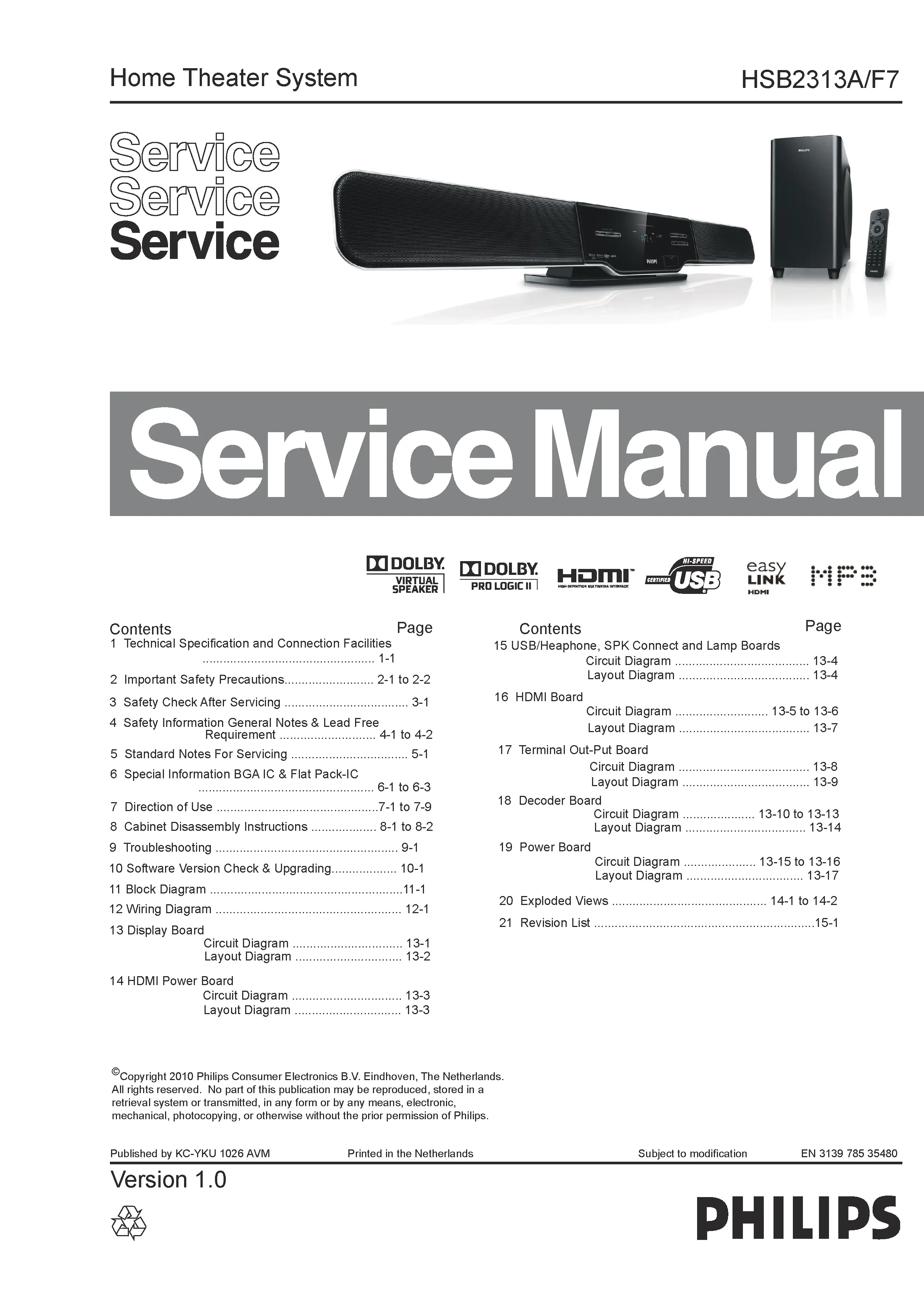 Philips hsb2313a service manual cover with picture of the device, model type and number, table of contents, manual version and publication year.