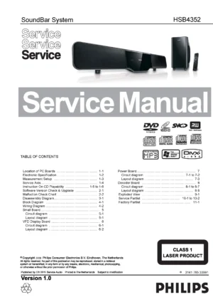 Philips hsb4352 service manual cover with picture of the device, model type and number, table of contents, manual version and publication year.