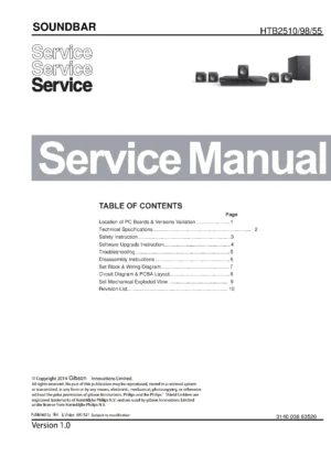 Philips htb2510 service manual cover with picture of the device, model type and number, table of contents, manual version and publication year.