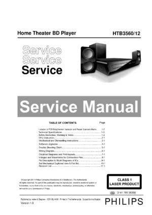 Philips htb3260 service manual cover with picture of the device, model type and number, table of contents, manual version and publication year.