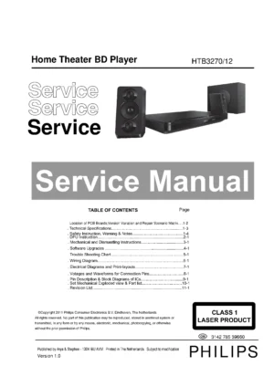 Philips htb3270 service manual cover with picture of the device, model type and number, table of contents, manual version and publication year.