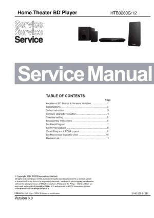Philips htb3280g service manual cover with picture of the device, model type and number, table of contents, manual version and publication year.