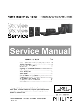 Philips htb3510 htb3510x htb3510g service manual cover with picture of the device, model type and number, table of contents, manual version and publication year.