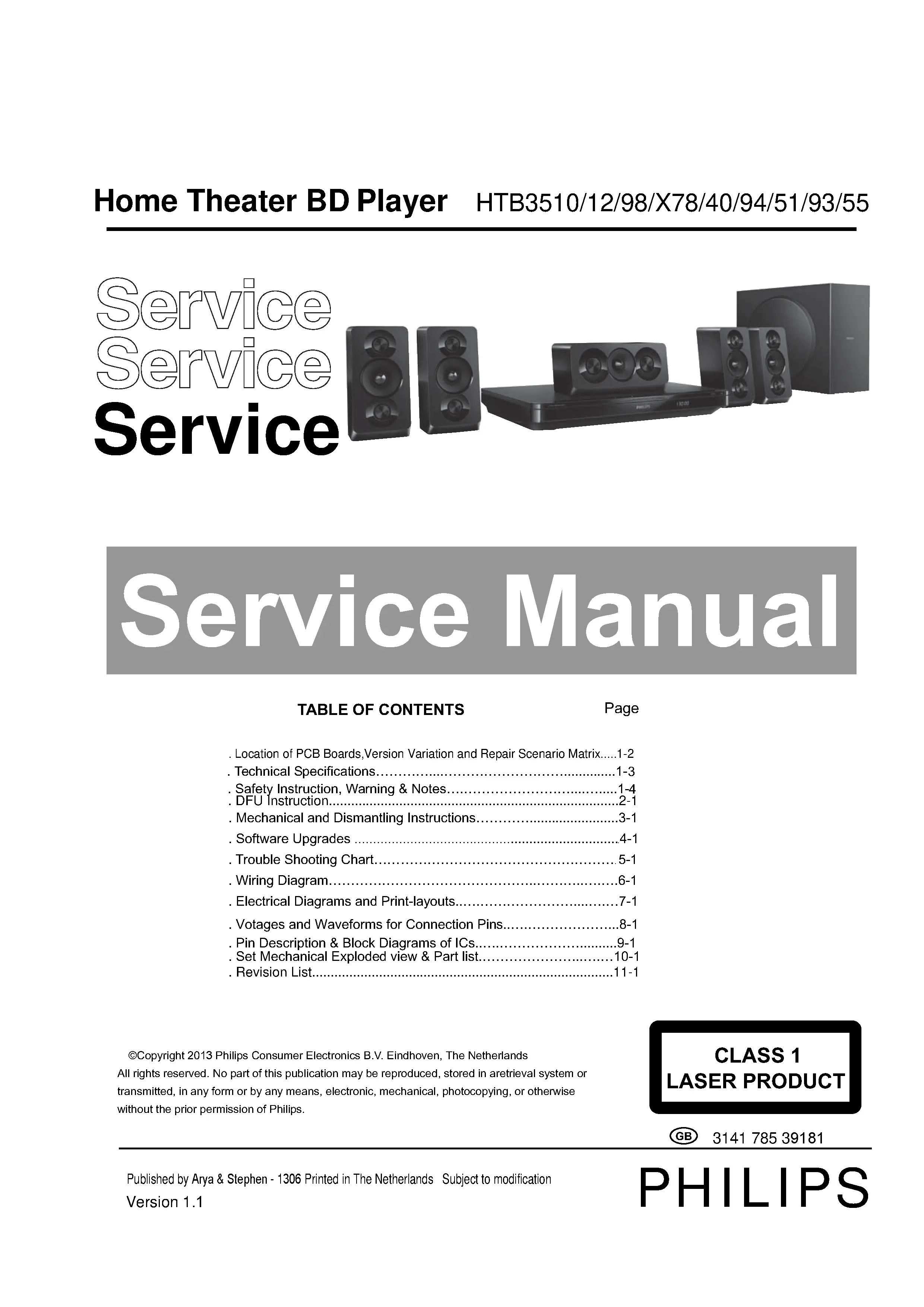 Philips htb3510 htb3510x htb3510g service manual cover with picture of the device, model type and number, table of contents, manual version and publication year.