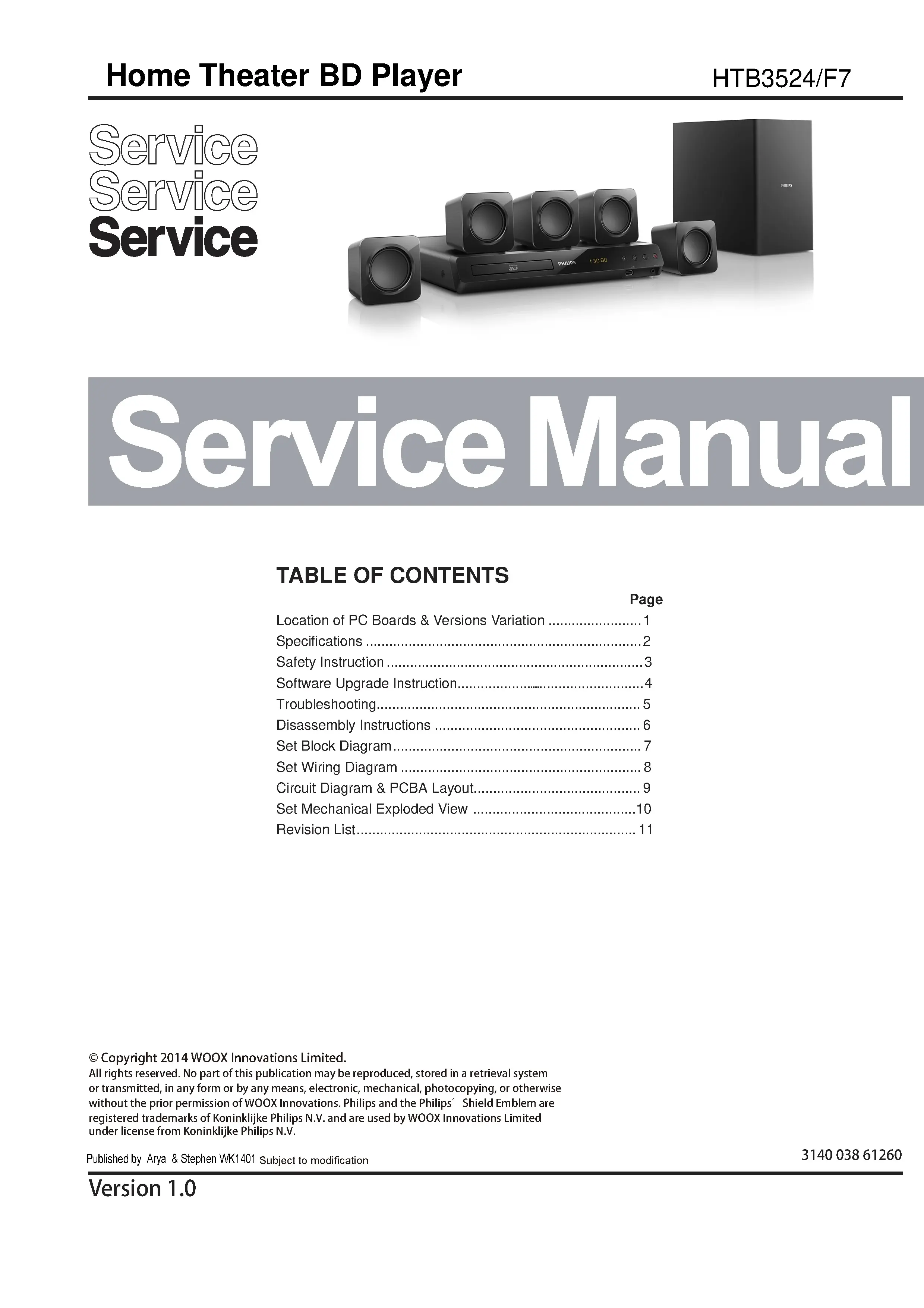 Philips htb3524 service manual cover with picture of the device, model type and number, table of contents, manual version and publication year.