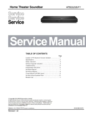 Philips htb3525b service manual cover with picture of the device, model type and number, table of contents, manual version and publication year.