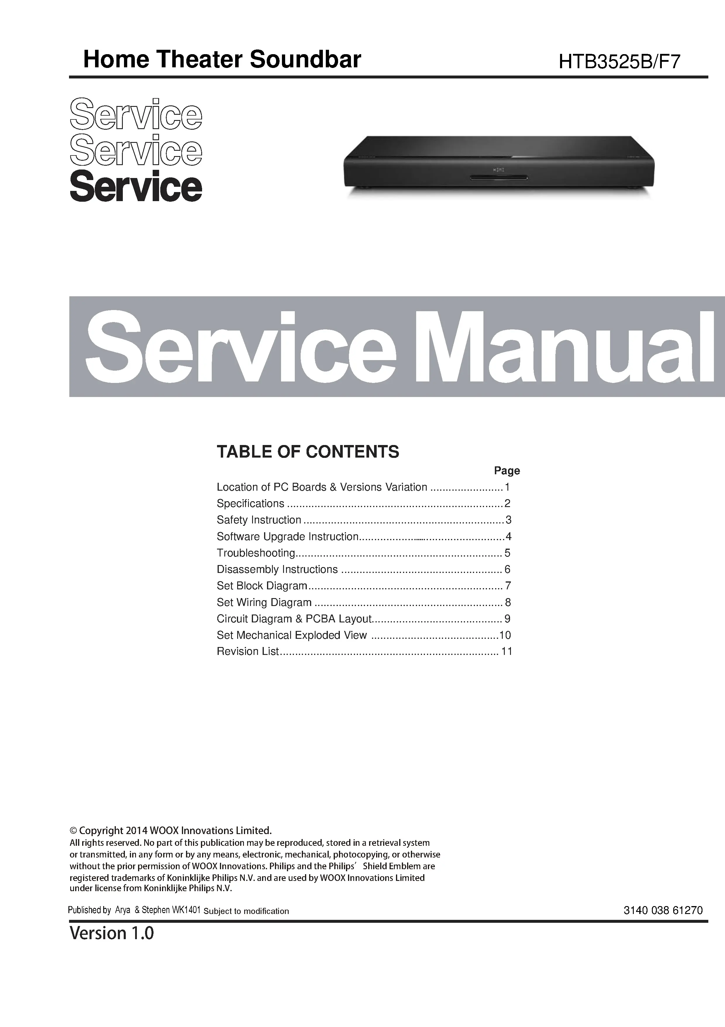 Philips htb3525b service manual cover with picture of the device, model type and number, table of contents, manual version and publication year.