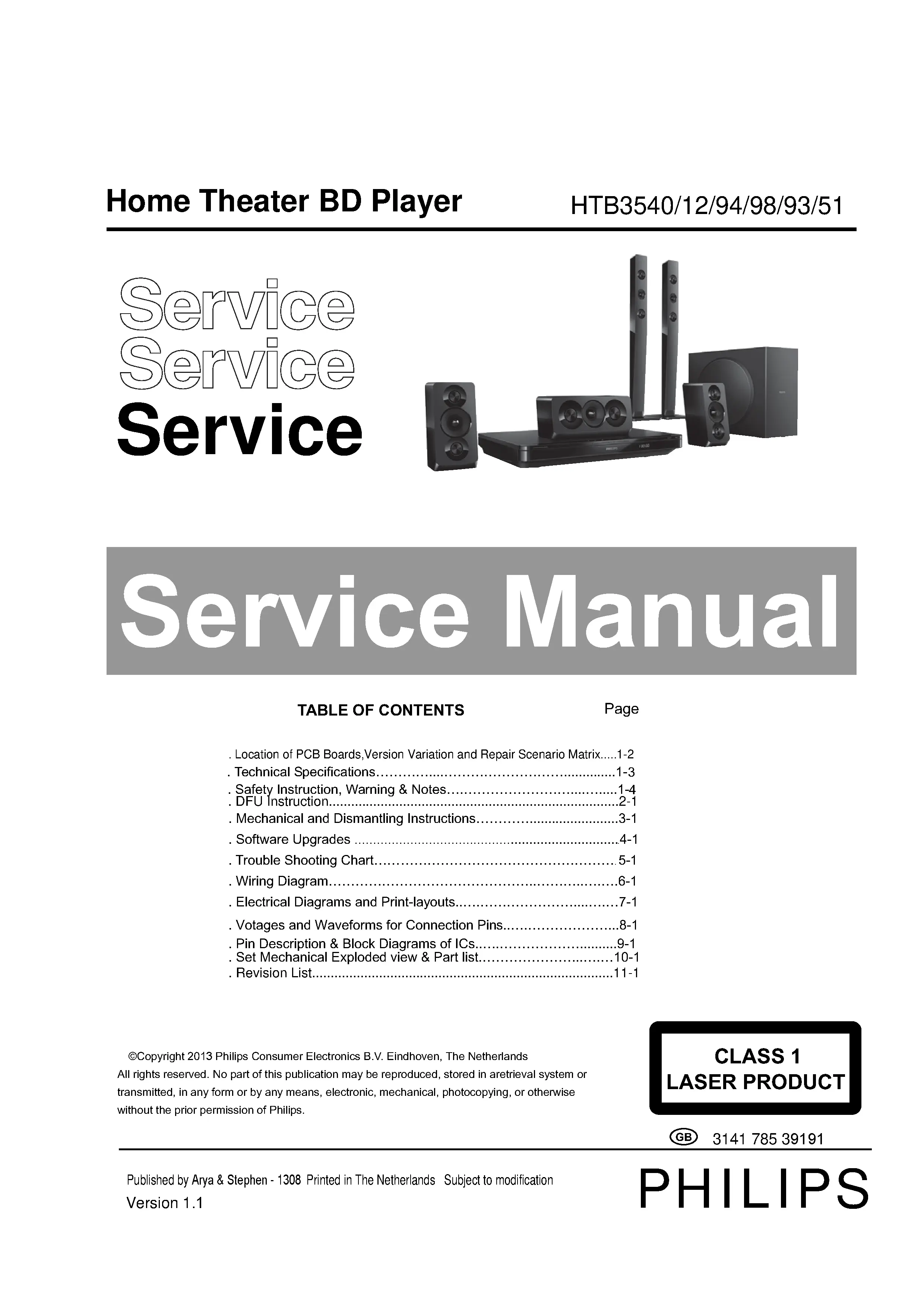 Philips htb3540 service manual cover with picture of the device, model type and number, table of contents, manual version and publication year.