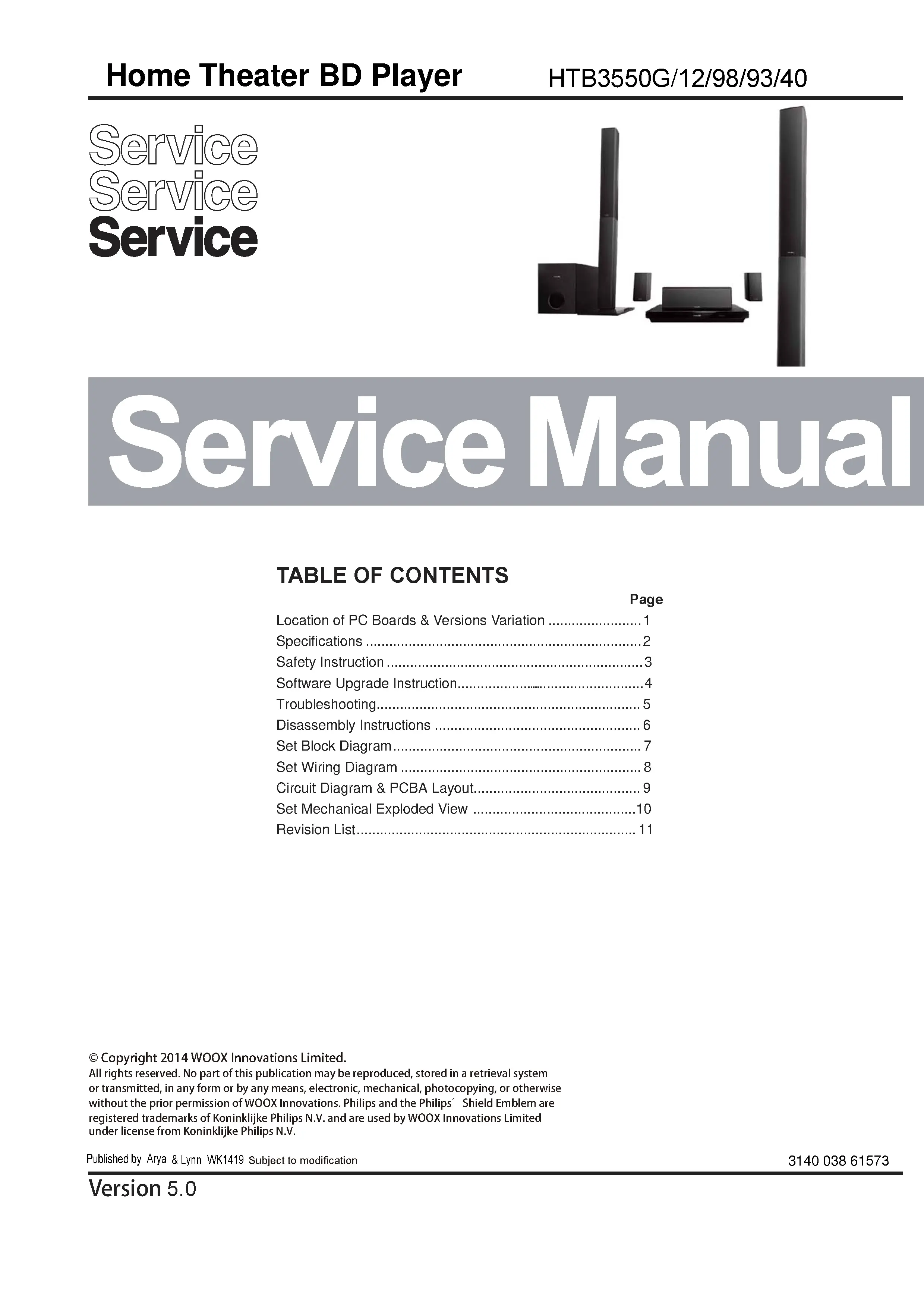 Philips htb3550 htb3550g service manual cover with picture of the device, model type and number, table of contents, manual version and publication year.