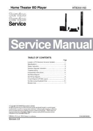 Philips htb3551 service manual cover with picture of the device, model type and number, table of contents, manual version and publication year.