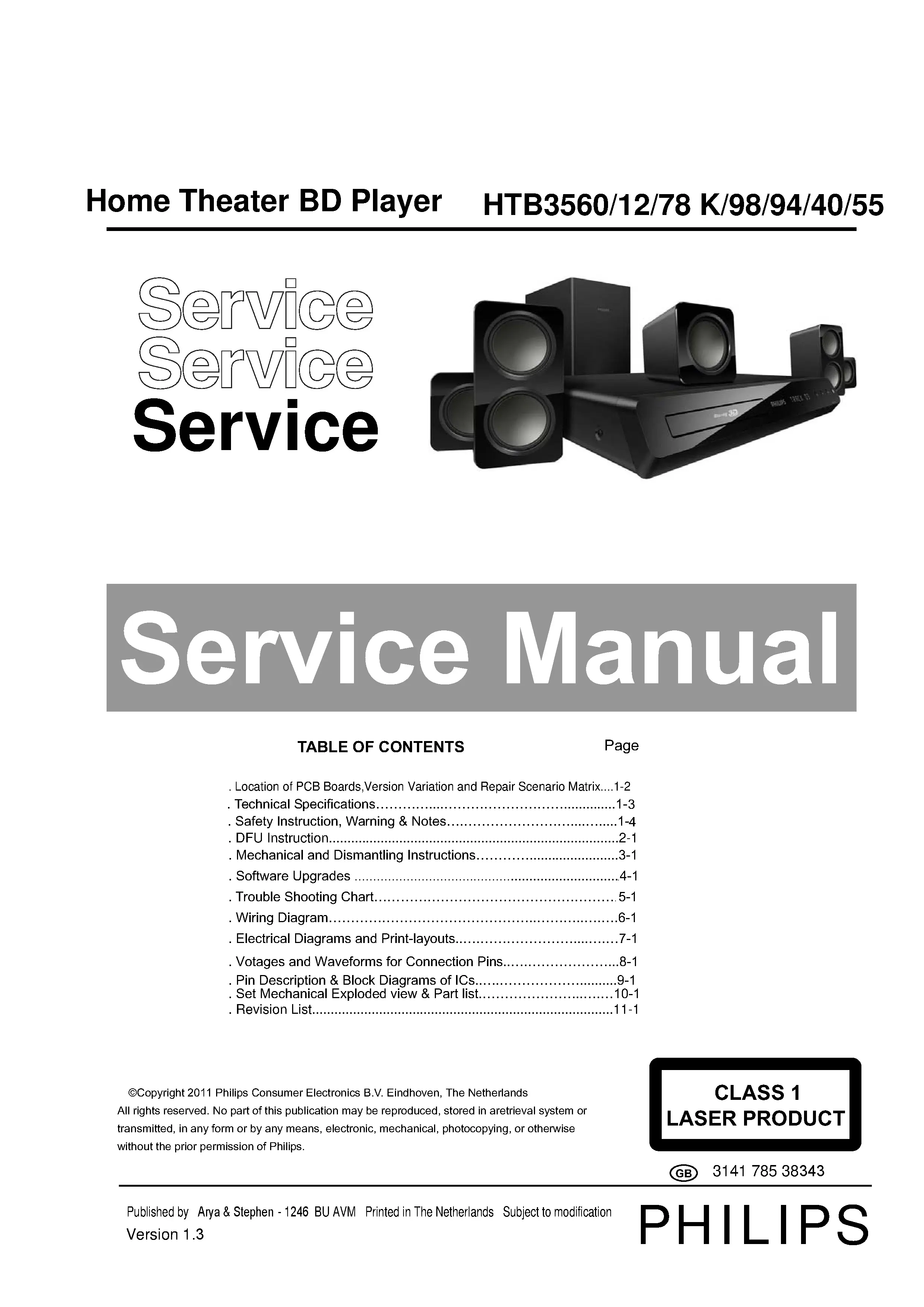 Philips htb3560 htb3560k htb3560x service manual cover with picture of the device, model type and number, table of contents, manual version and publication year.