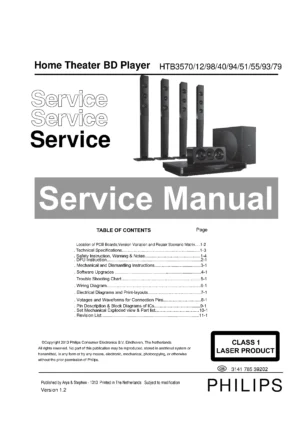 Philips htb3570 service manual cover with picture of the device, model type and number, table of contents, manual version and publication year.