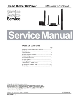 Philips htb3580 htb3580g service manual cover with picture of the device, model type and number, table of contents, manual version and publication year.