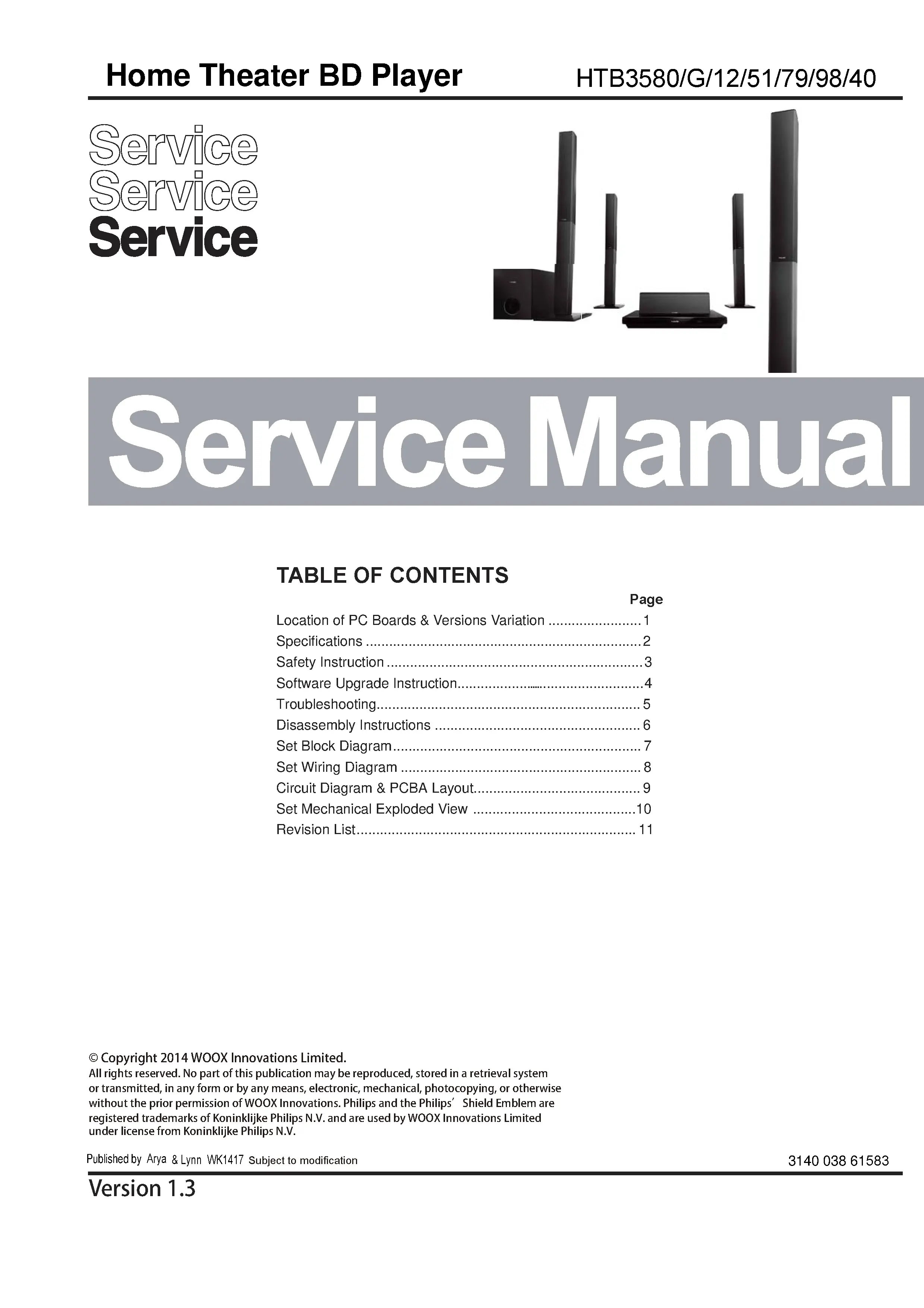 Philips htb3580 htb3580g service manual cover with picture of the device, model type and number, table of contents, manual version and publication year.