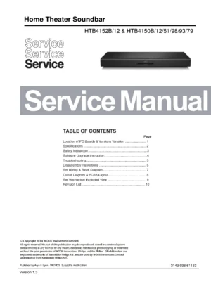 Philips htb4150b service manual cover with picture of the device, model type and number, table of contents, manual version and publication year.