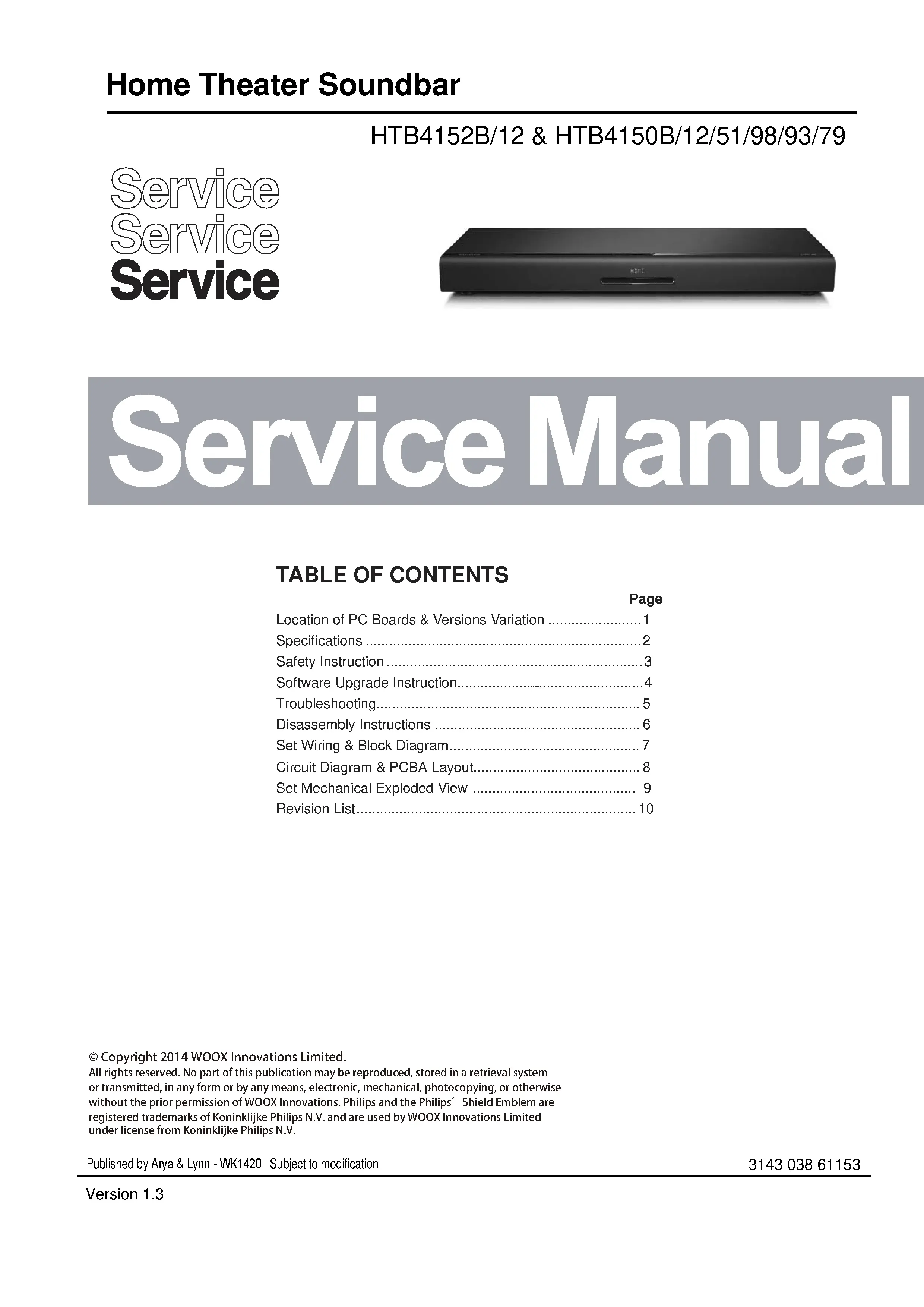 Philips htb4150b service manual cover with picture of the device, model type and number, table of contents, manual version and publication year.