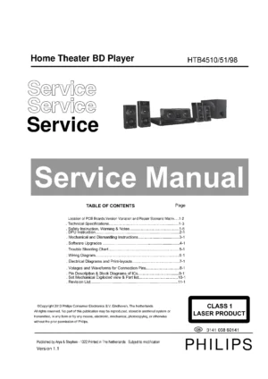 Philips htb4510 service manual cover with picture of the device, model type and number, table of contents, manual version and publication year.