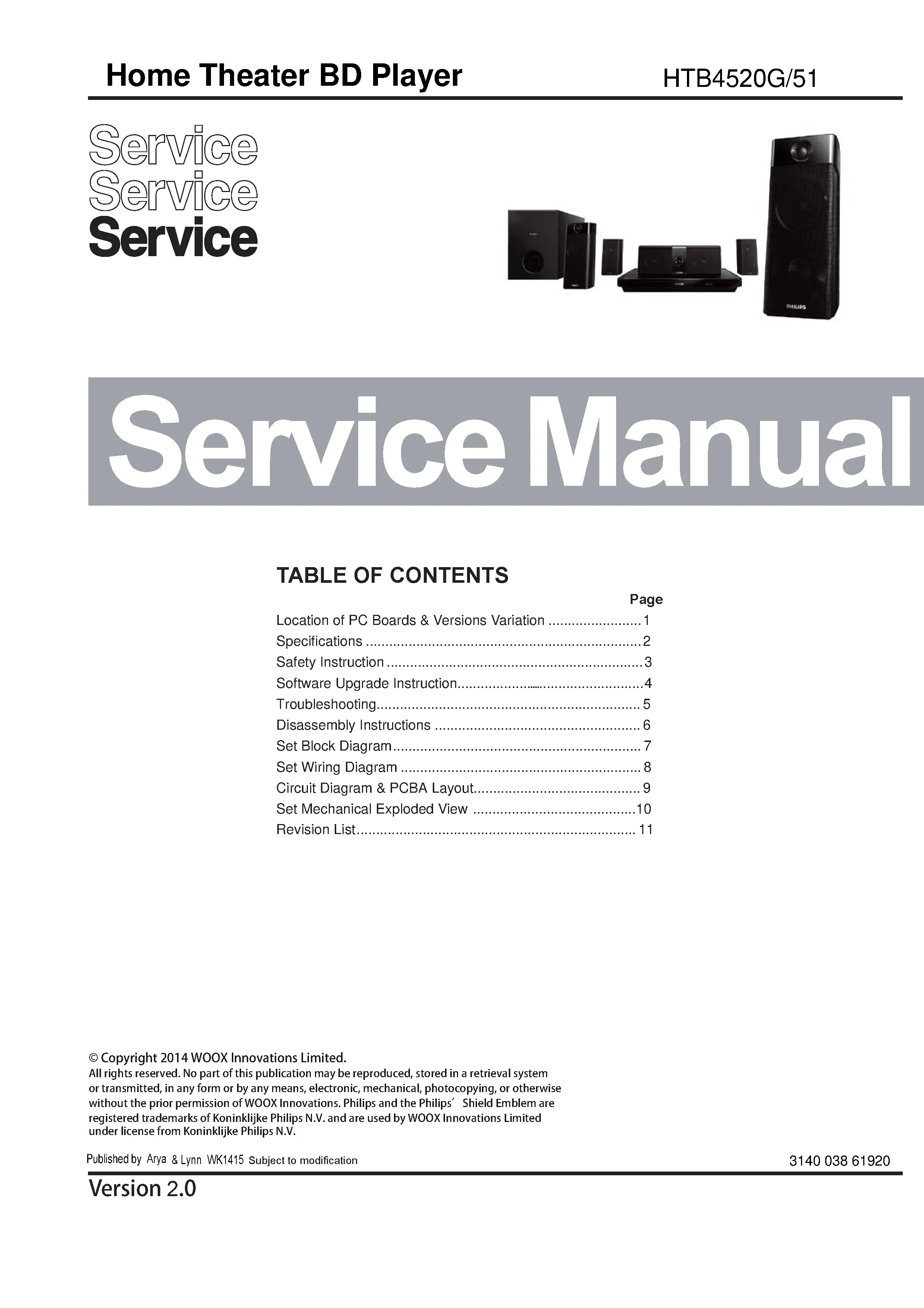Philips htb4520g service manual cover with picture of the device, model type and number, table of contents, manual version and publication year.