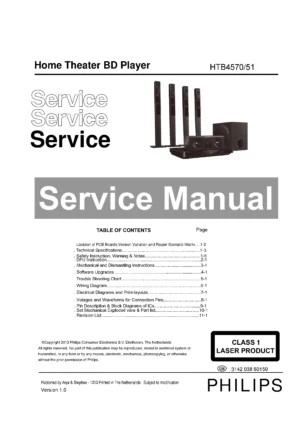 Philips htb4570 service manual cover with picture of the device, model type and number, table of contents, manual version and publication year.