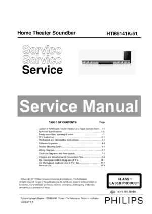 Philips htb5141k service manual cover with picture of the device, model type and number, table of contents, manual version and publication year.