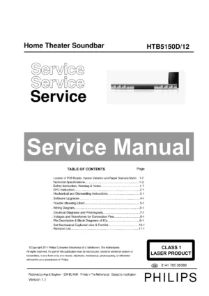 Philips htb5150d service manual cover with picture of the device, model type and number, table of contents, manual version and publication year.