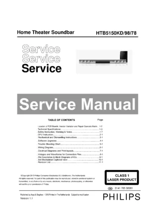 Philips htb5150kd service manual cover with picture of the device, model type and number, table of contents, manual version and publication year.