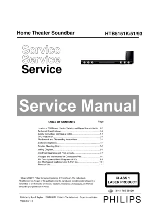 Philips htb5151k service manual cover with picture of the device, model type and number, table of contents, manual version and publication year.