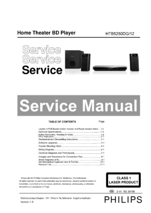 Philips htb5250dg service manual cover with picture of the device, model type and number, table of contents, manual version and publication year.