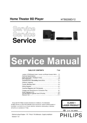 Philips htb5255d service manual cover with picture of the device, model type and number, table of contents, manual version and publication year.