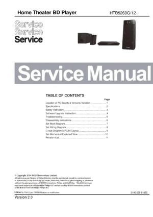 Philips htb5260g service manual cover with picture of the device, model type and number, table of contents, manual version and publication year.