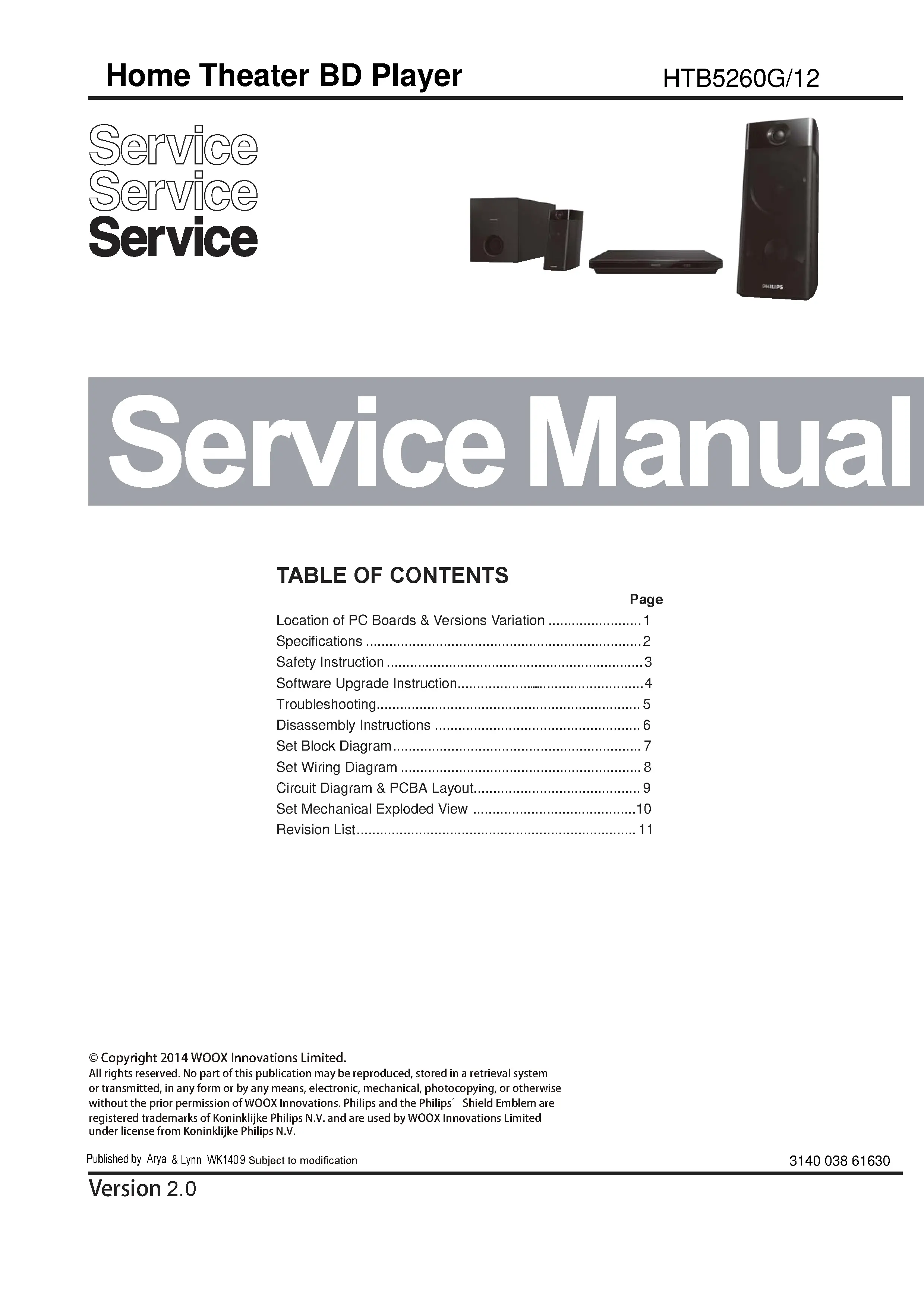 Philips htb5260g service manual cover with picture of the device, model type and number, table of contents, manual version and publication year.