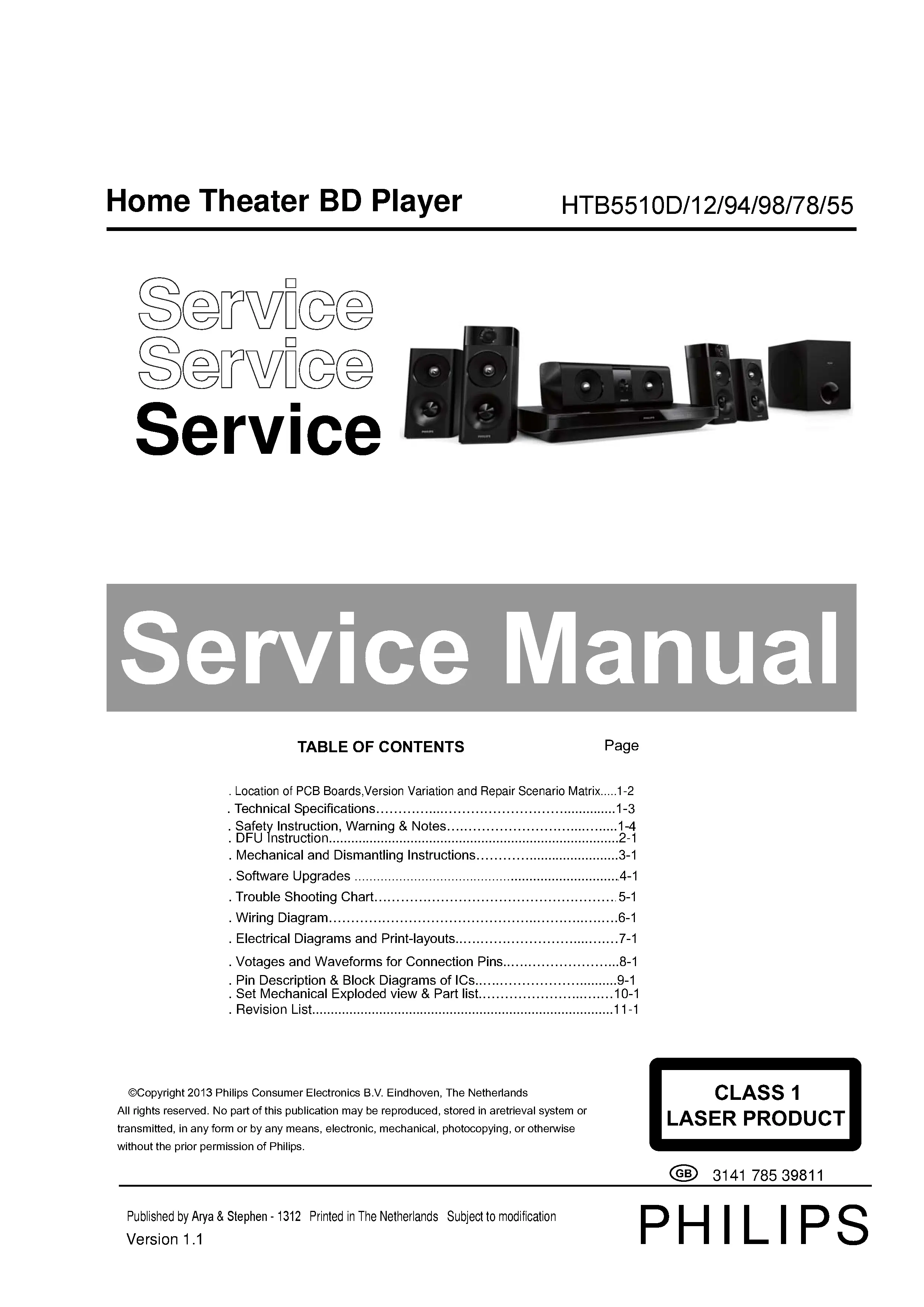 Philips htb5510d service manual cover with picture of the device, model type and number, table of contents, manual version and publication year.
