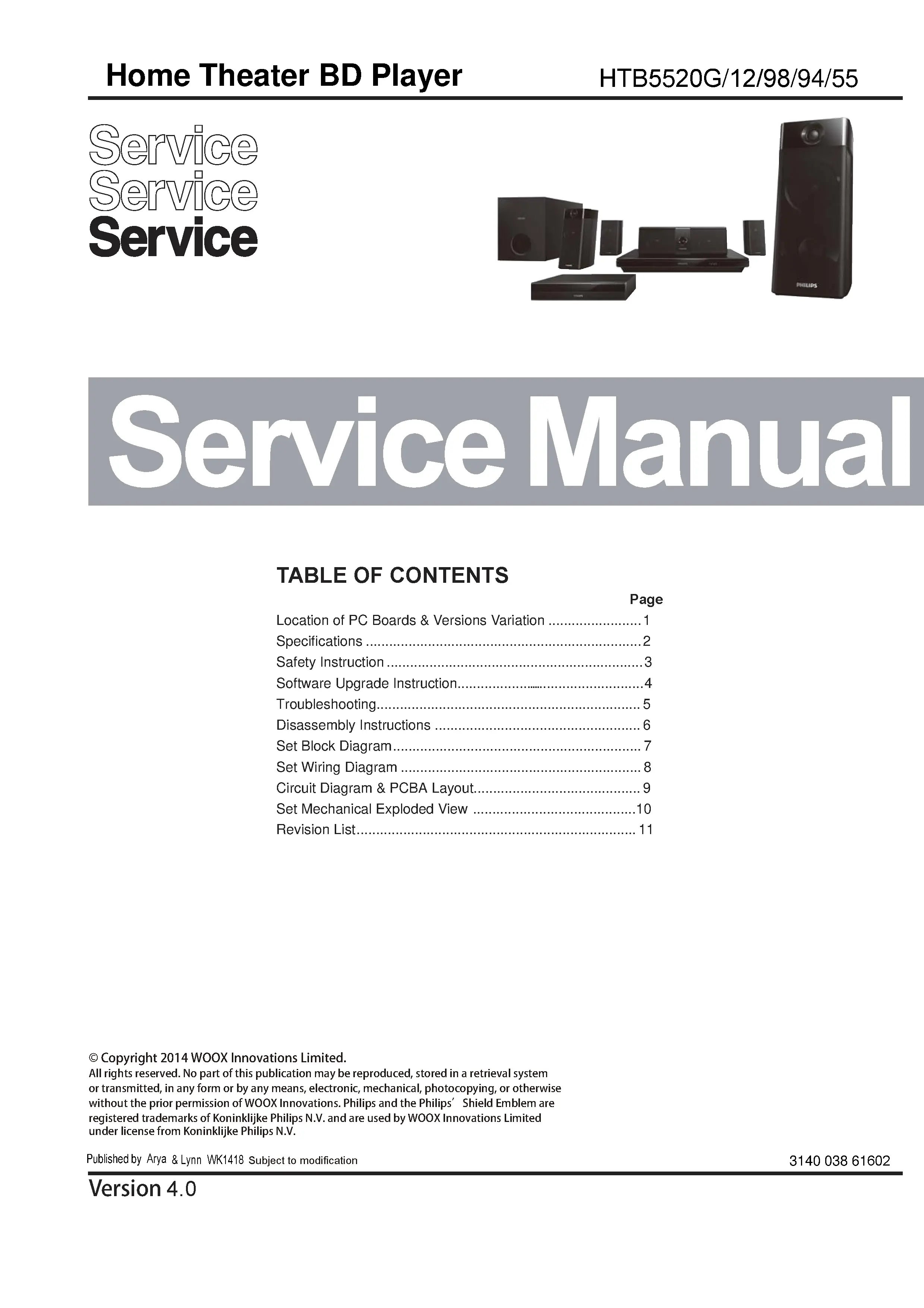 Philips htb5520g service manual cover with picture of the device, model type and number, table of contents, manual version and publication year.