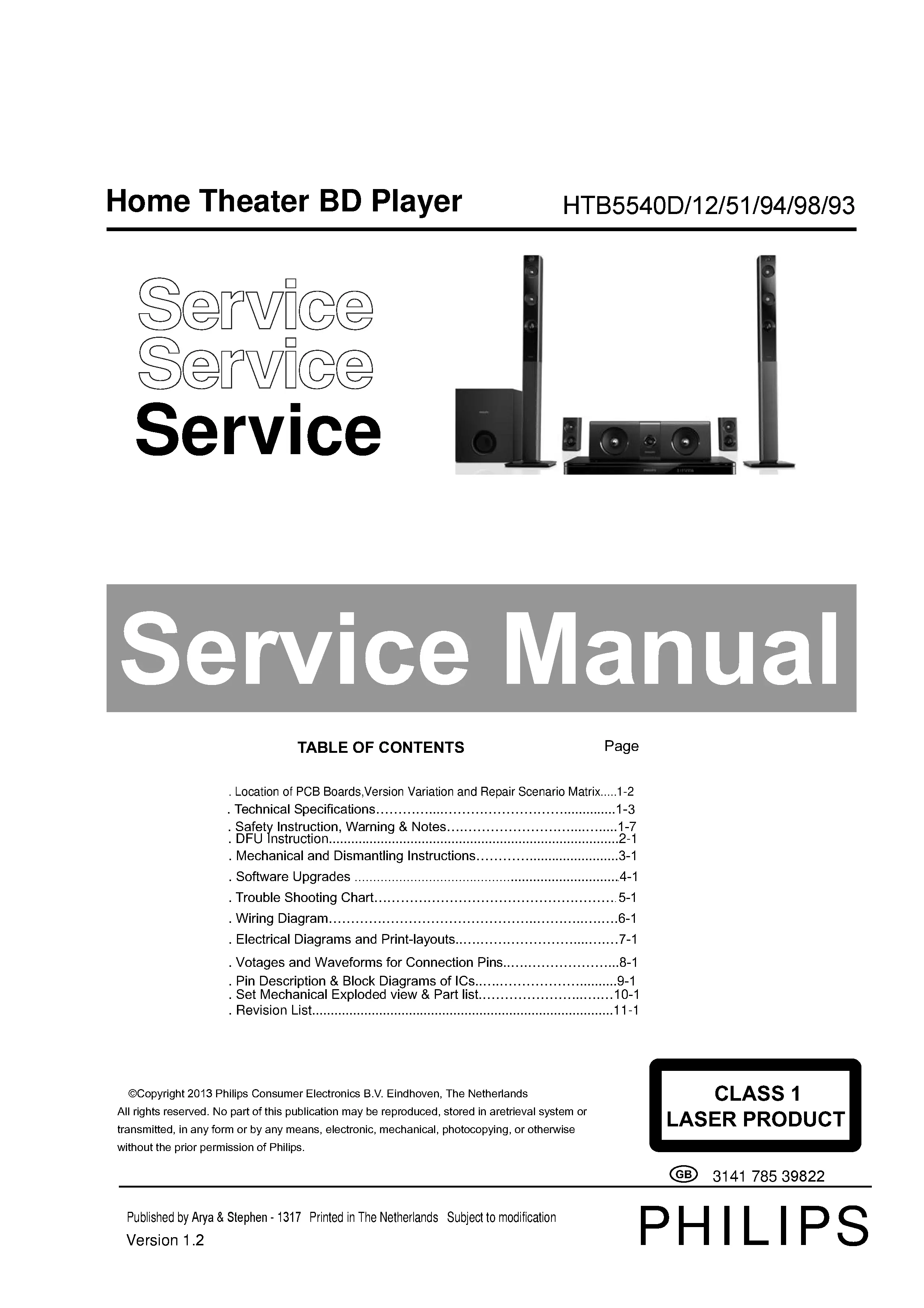 Philips htb5540d service manual cover with picture of the device, model type and number, table of contents, manual version and publication year.