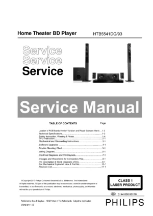 Philips htb5541dg service manual cover with picture of the device, model type and number, table of contents, manual version and publication year.
