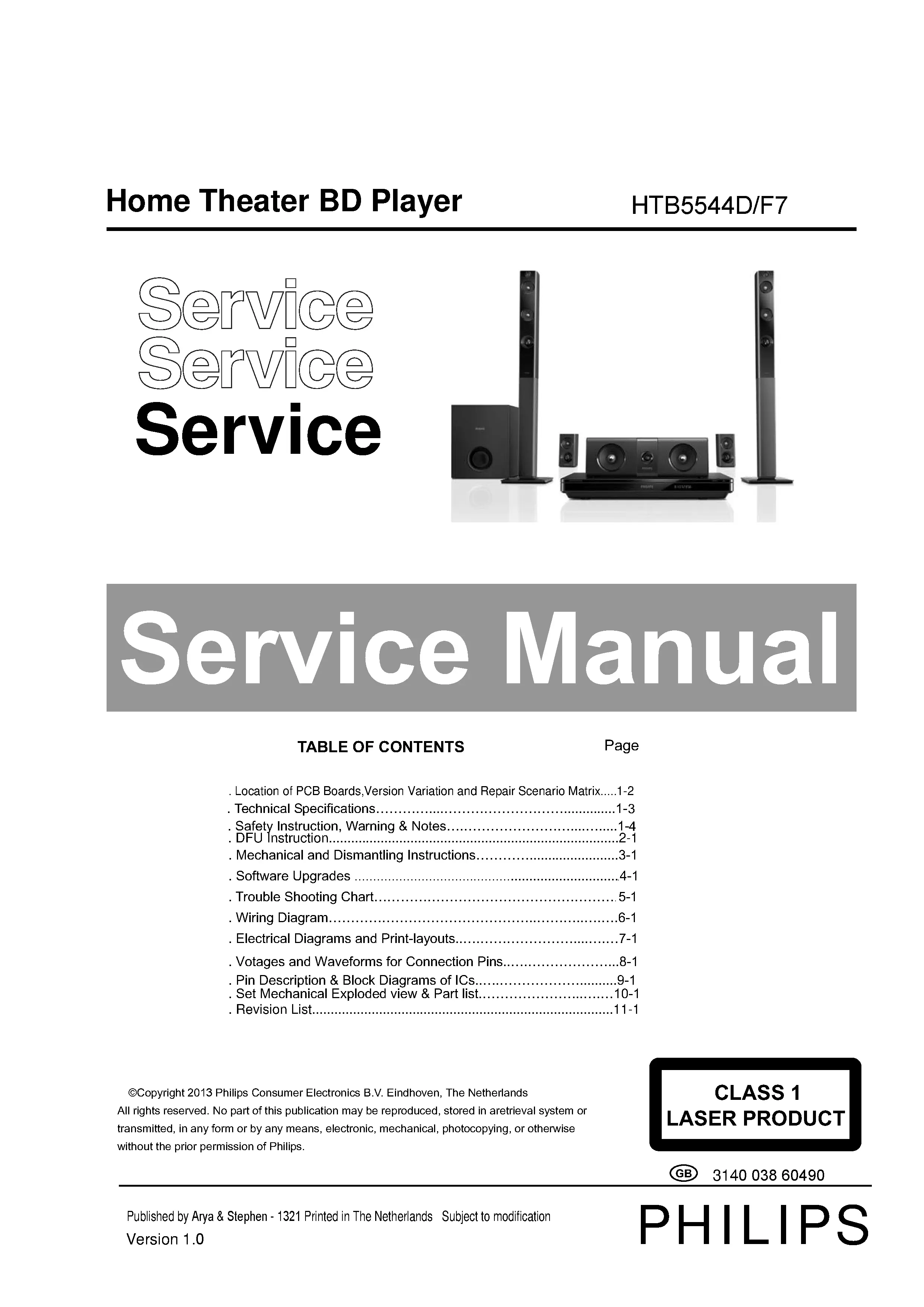 Philips htb5544d service manual cover with picture of the device, model type and number, table of contents, manual version and publication year.