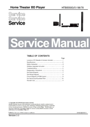 Philips htb5550 service manual cover with picture of the device, model type and number, table of contents, manual version and publication year.