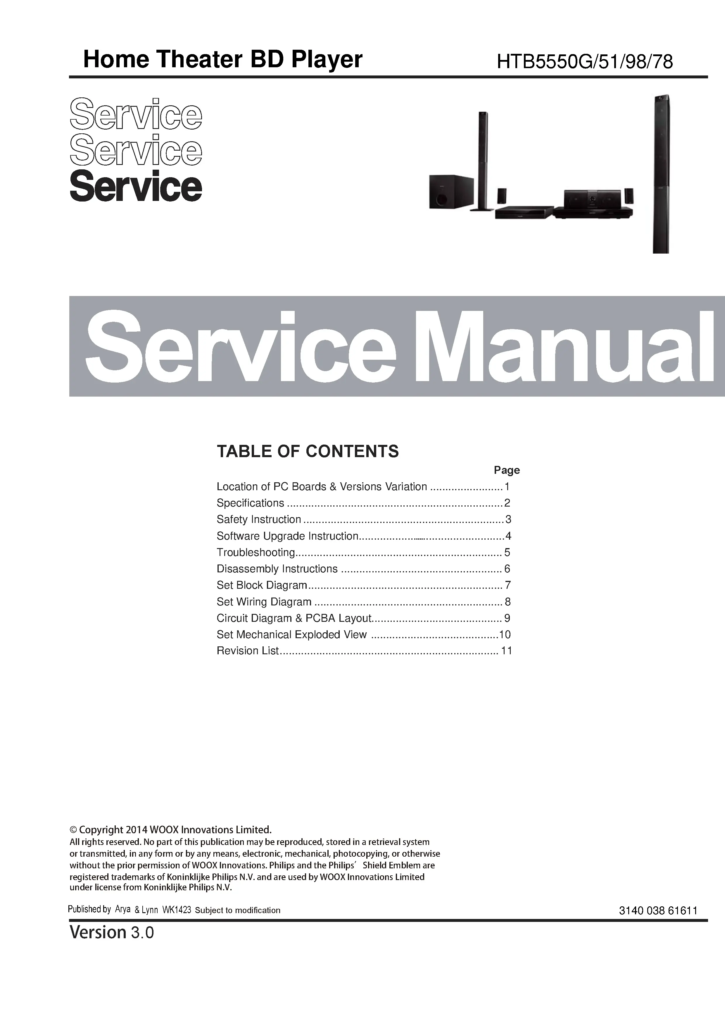 Philips htb5550 service manual cover with picture of the device, model type and number, table of contents, manual version and publication year.