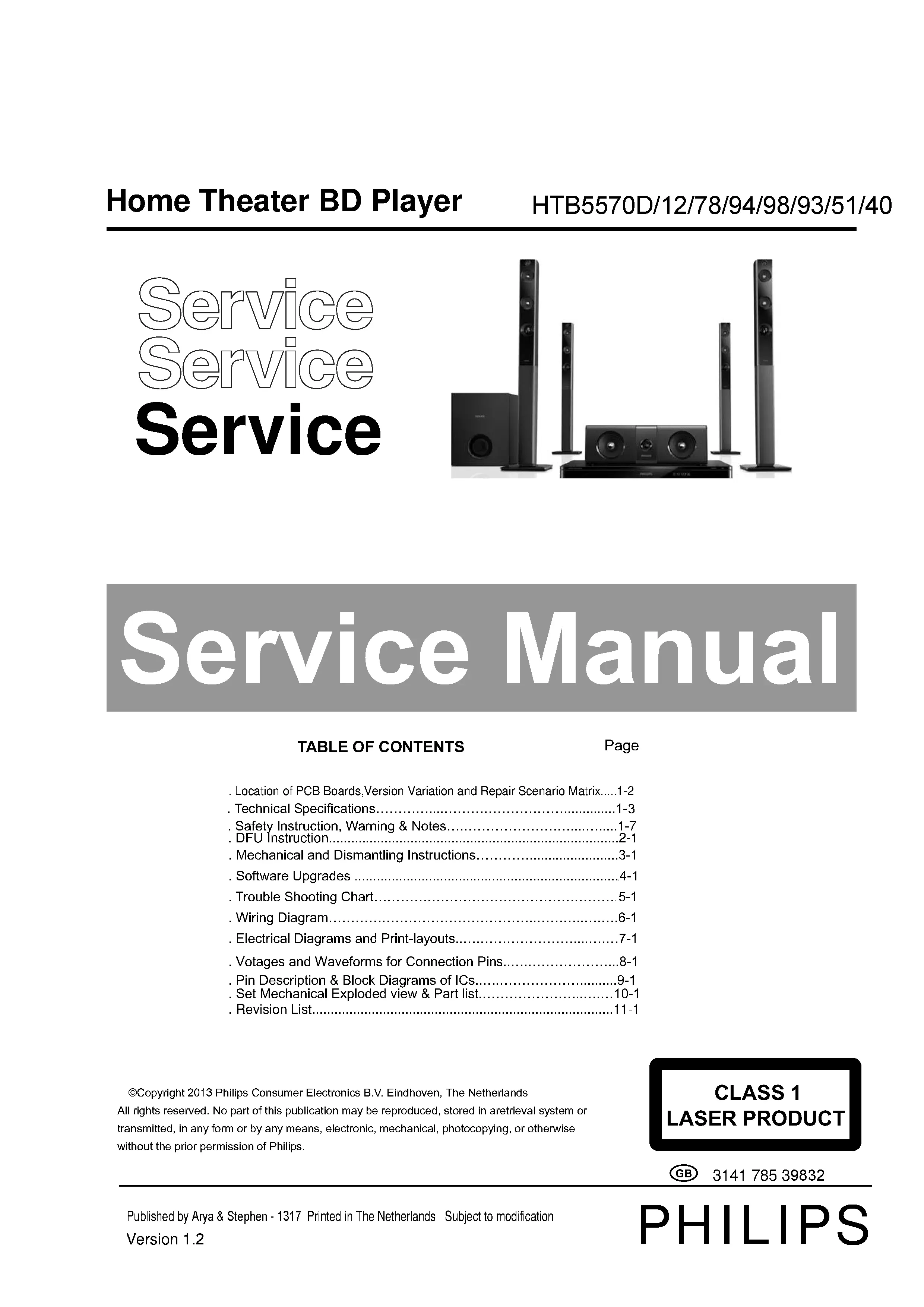 Philips htb5570d service manual cover with picture of the device, model type and number, table of contents, manual version and publication year.