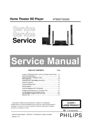 Philips htb5571dg service manual cover with picture of the device, model type and number, table of contents, manual version and publication year.