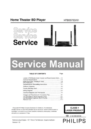 Philips htb5575d service manual cover with picture of the device, model type and number, table of contents, manual version and publication year.